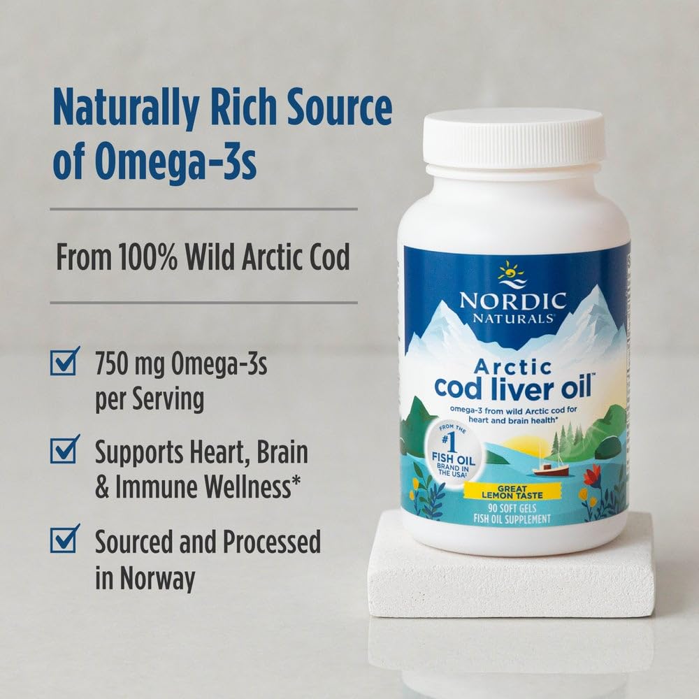 Nordic Naturals Arctic Cod Liver Oil (750 mg Omega-3) – Heart, Brain & Immune Health Supplement | Lemon Flavor, 180 Softgels
